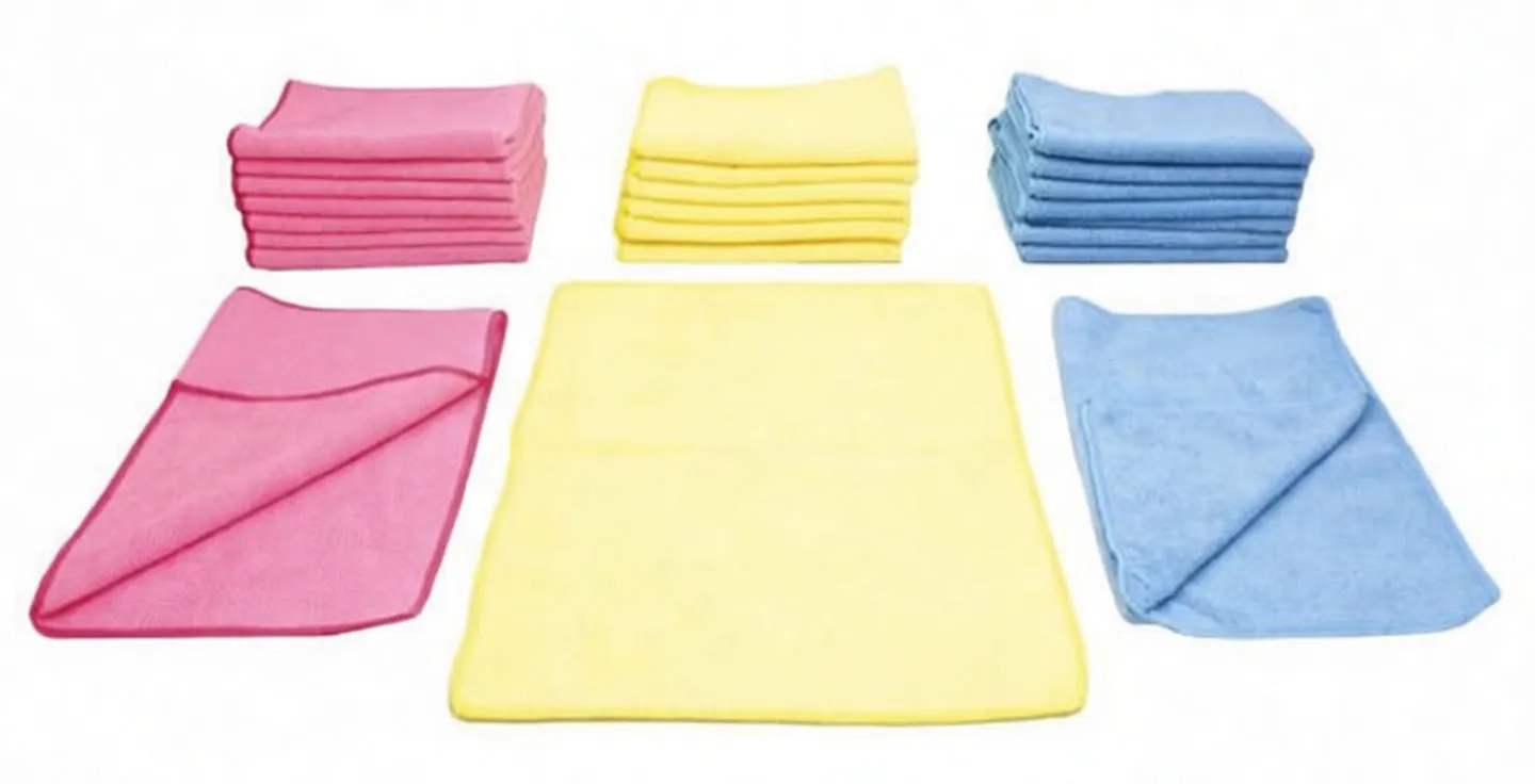 Stacks of pink, yellow and blue microfiber cloths with one flat yellow cloth in the center and visible white labels.
