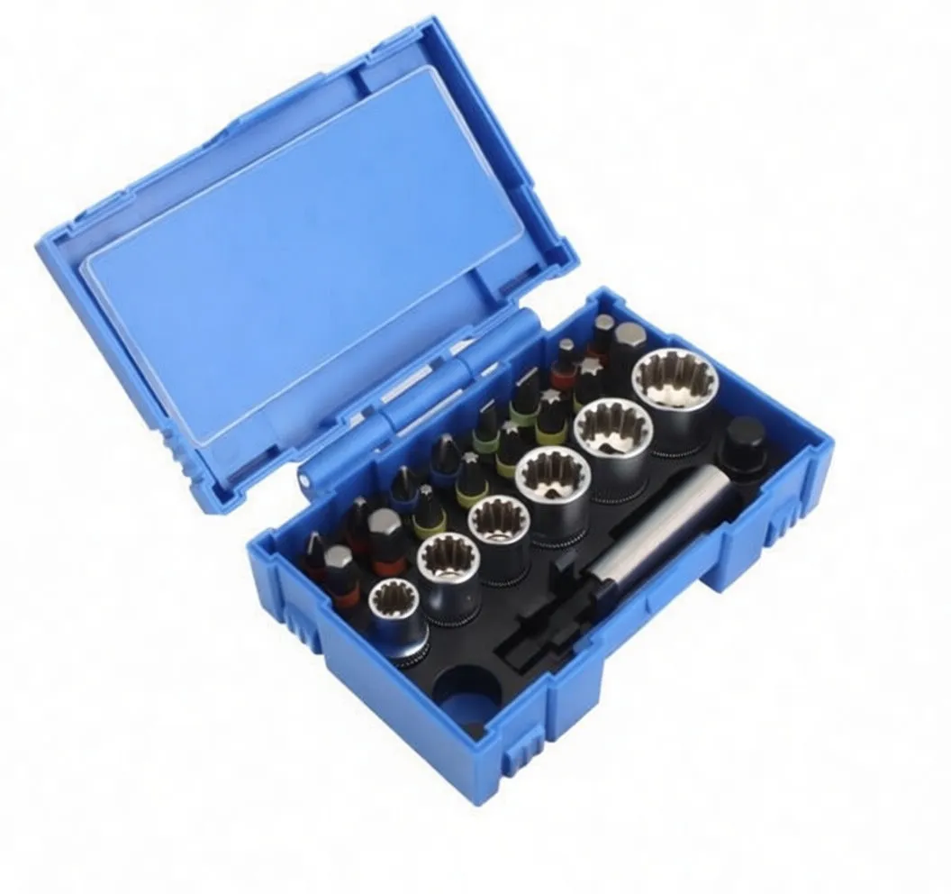 Angled open blue box with sockets, extension bar and rows of color-banded bits