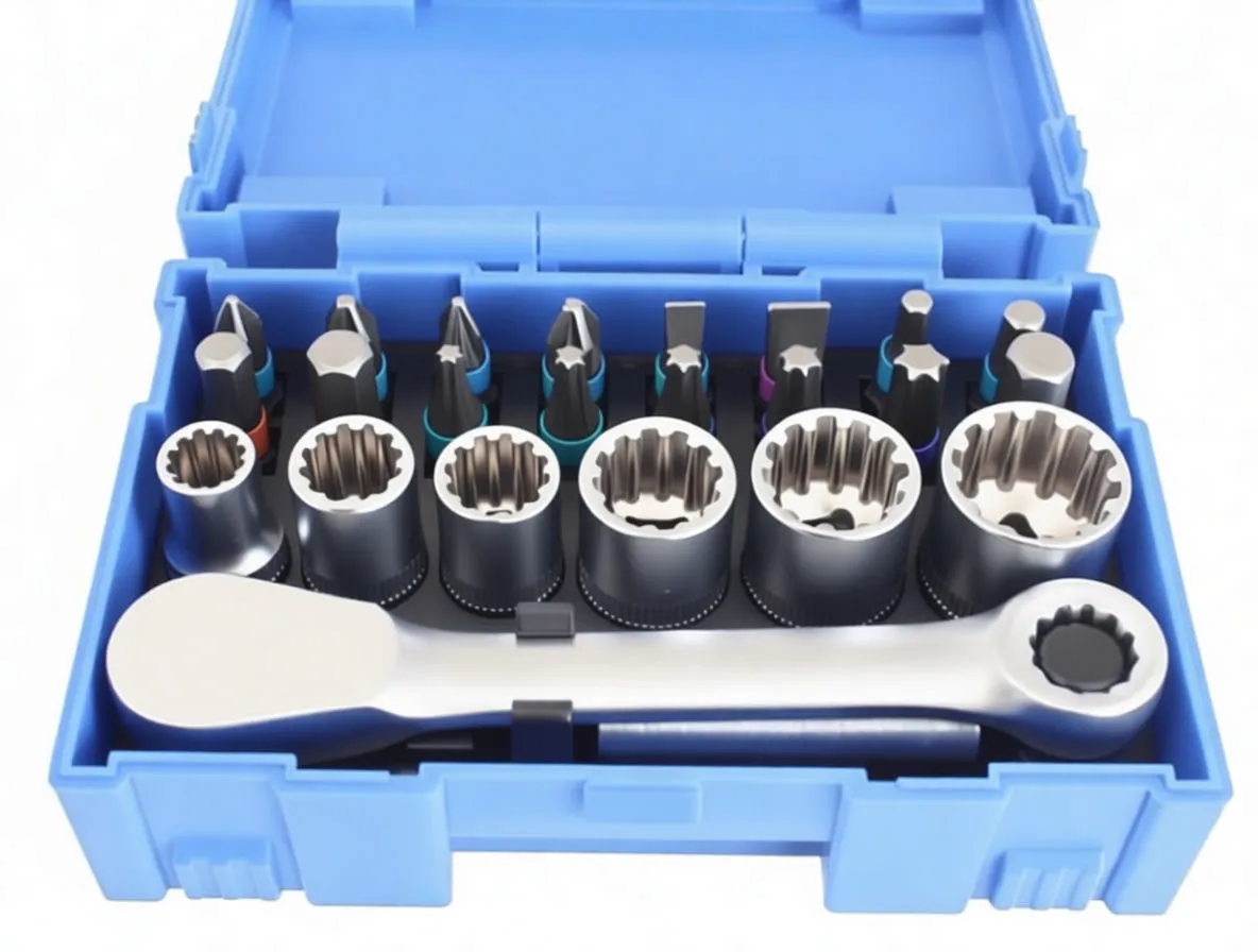 Closed blue case with clear front window and hanging tab showing sockets and bits inside