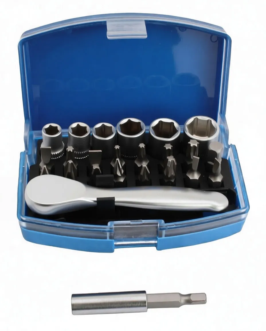 Angled view of blue case with organized sockets, bits and ratchet plus hex-shank adapter