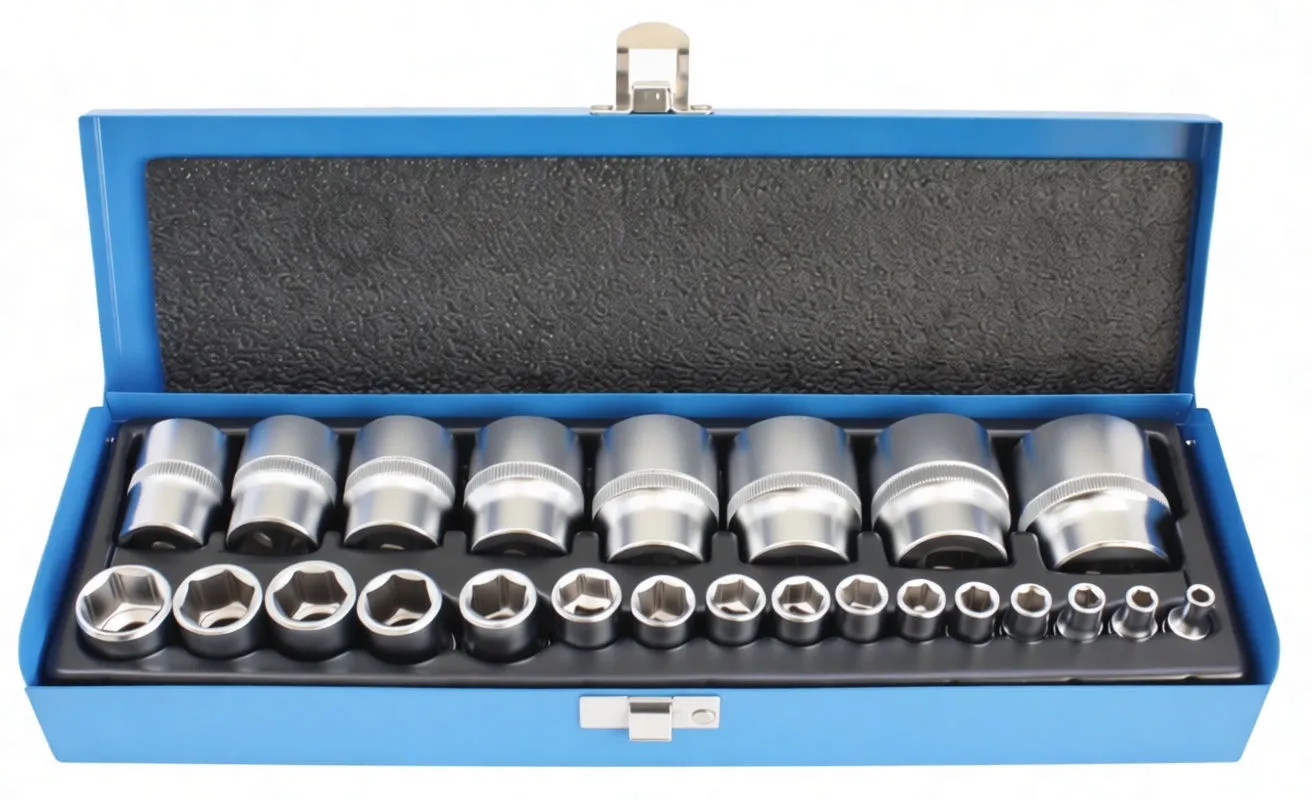 Top-front view of open blue case with 24 chrome sockets in two rows, foam-lined lid and centered metal clasp