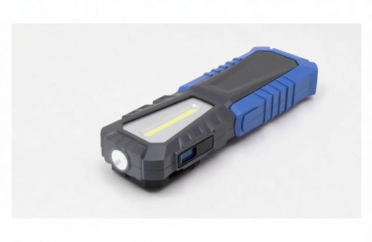 ASTA work light with retail box and USB-C charging cable, box shows COB LED and USB-C text