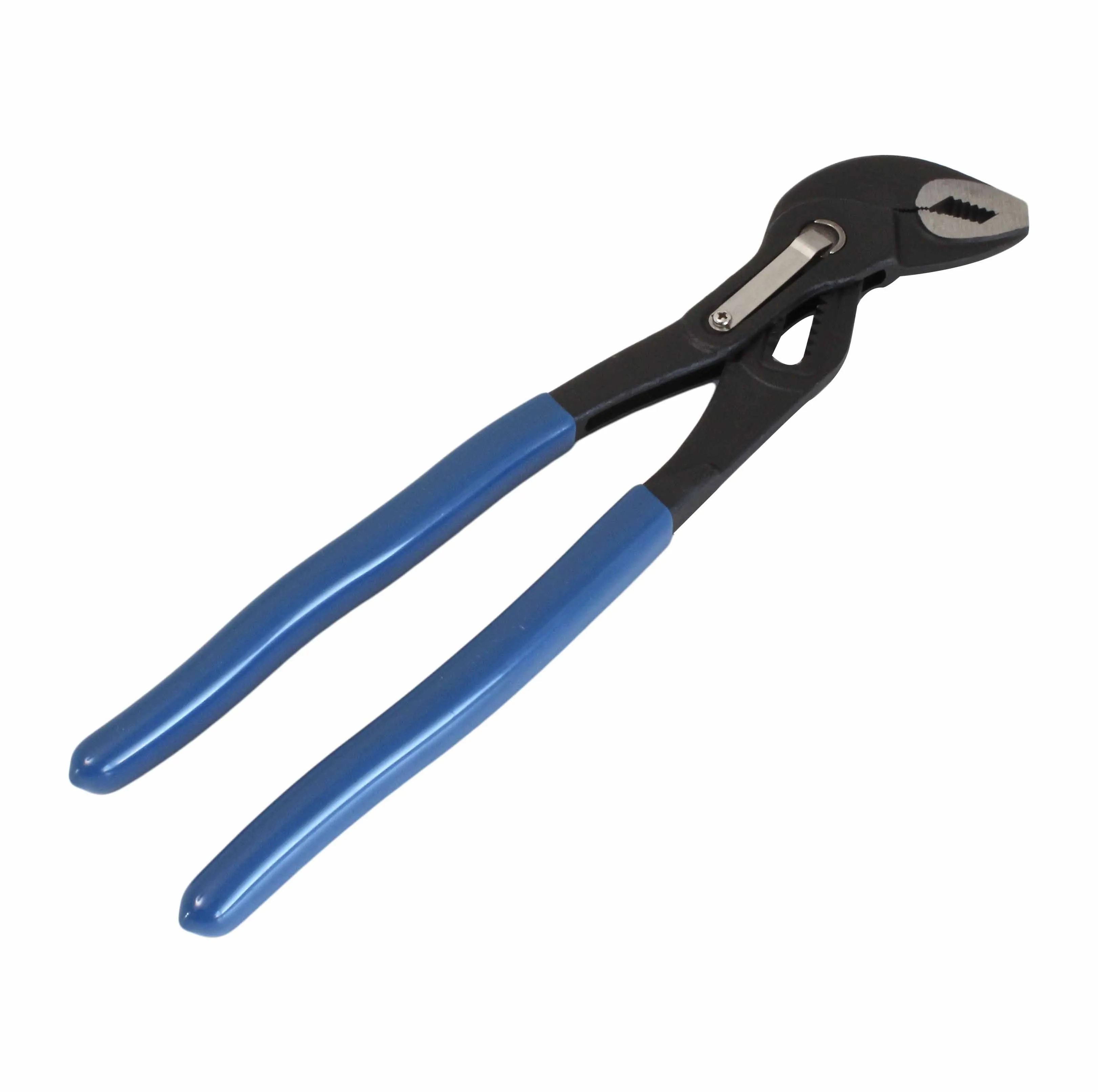 Top view of water pump pliers showing locking clip, serrated jaws and blue gripped handles