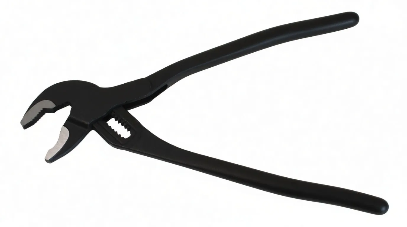 Angled shot of 10-inch adjustable water pump pliers with serrated jaws and blue handles