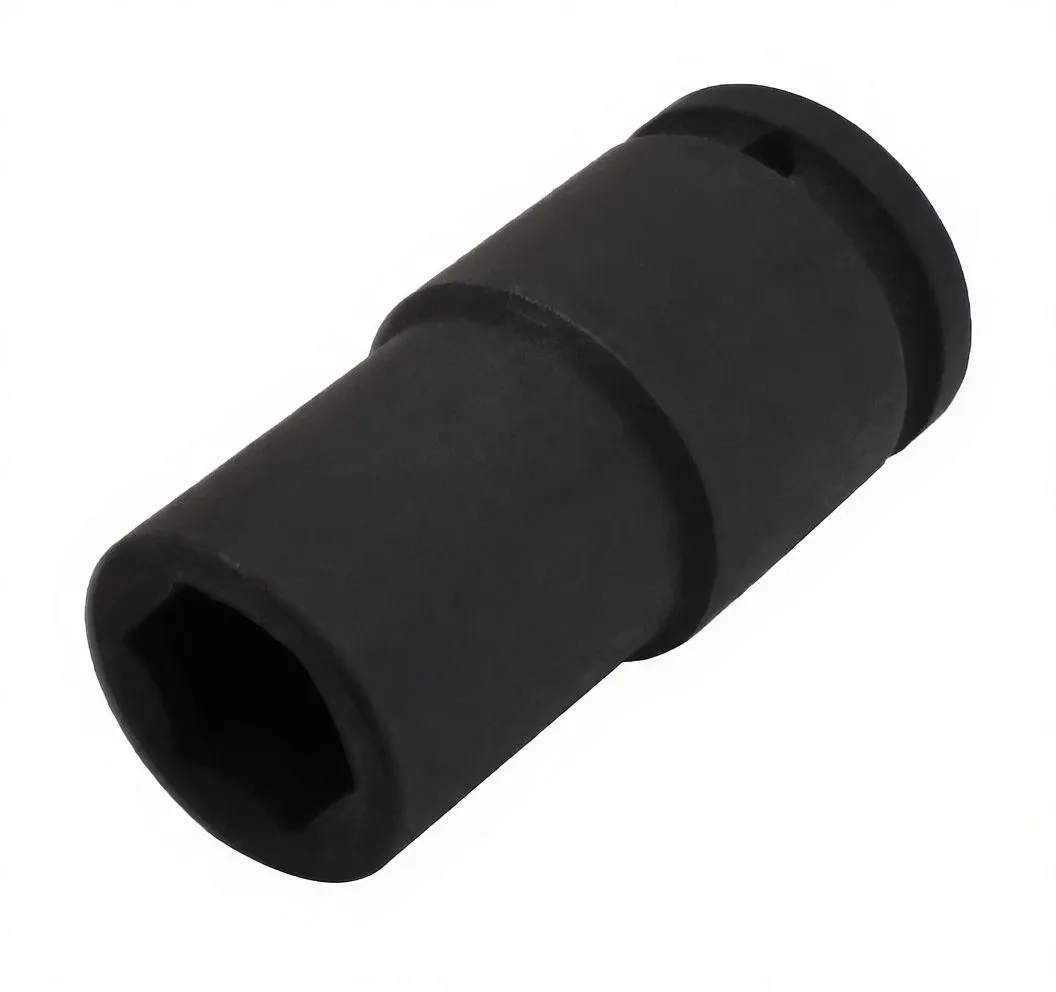 Side-angled view of a long 6-point black impact socket showing hex opening, white logo, and detent slot near the drive end