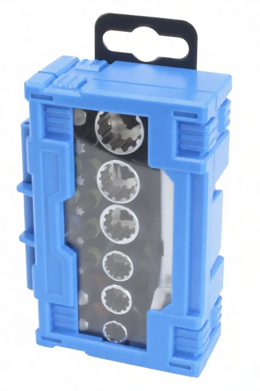 Ratchet laid over sockets and bits inside molded blue case, engraved handle marking visible