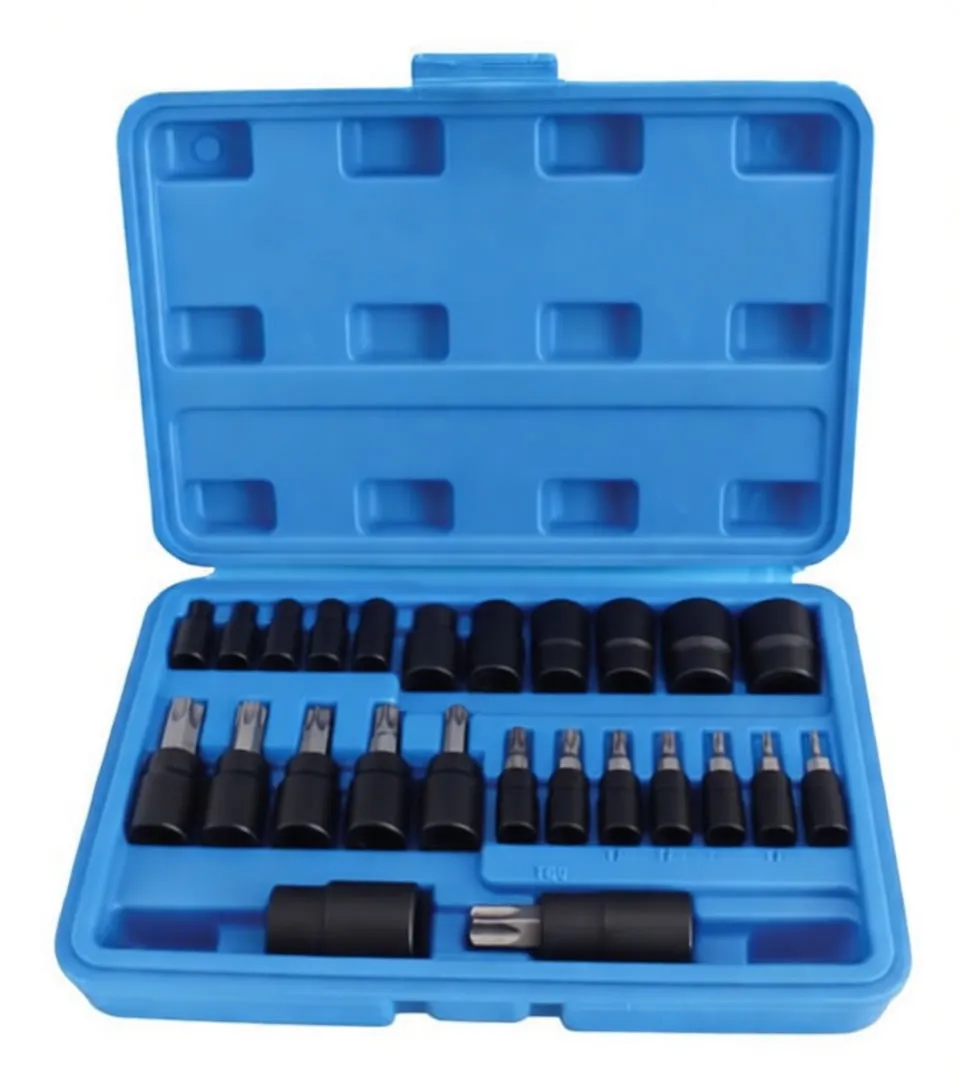 Angled view of an open blue case filled with black bit sockets with white size markings