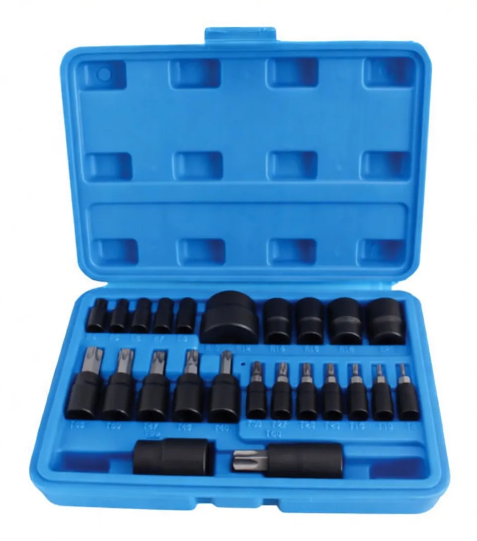 Rows of black bit sockets and adapters on white background showing silver bit tips and white size/CR-V markings