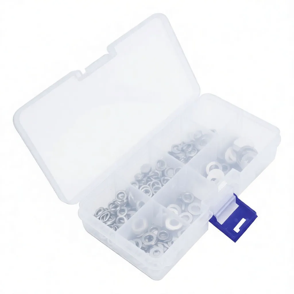 Closed transparent washer assortment case with ASTA label, barcode, product code A-TC541 and blue side latch.