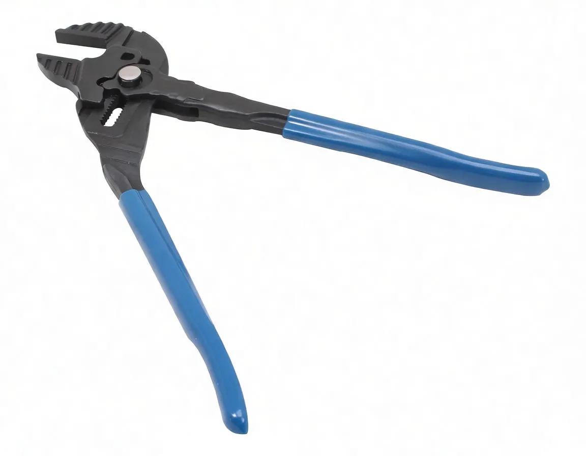 Angled perspective of pliers wrench showing blue handles, curved grips, stepped serrated jaws and stamped steel construction