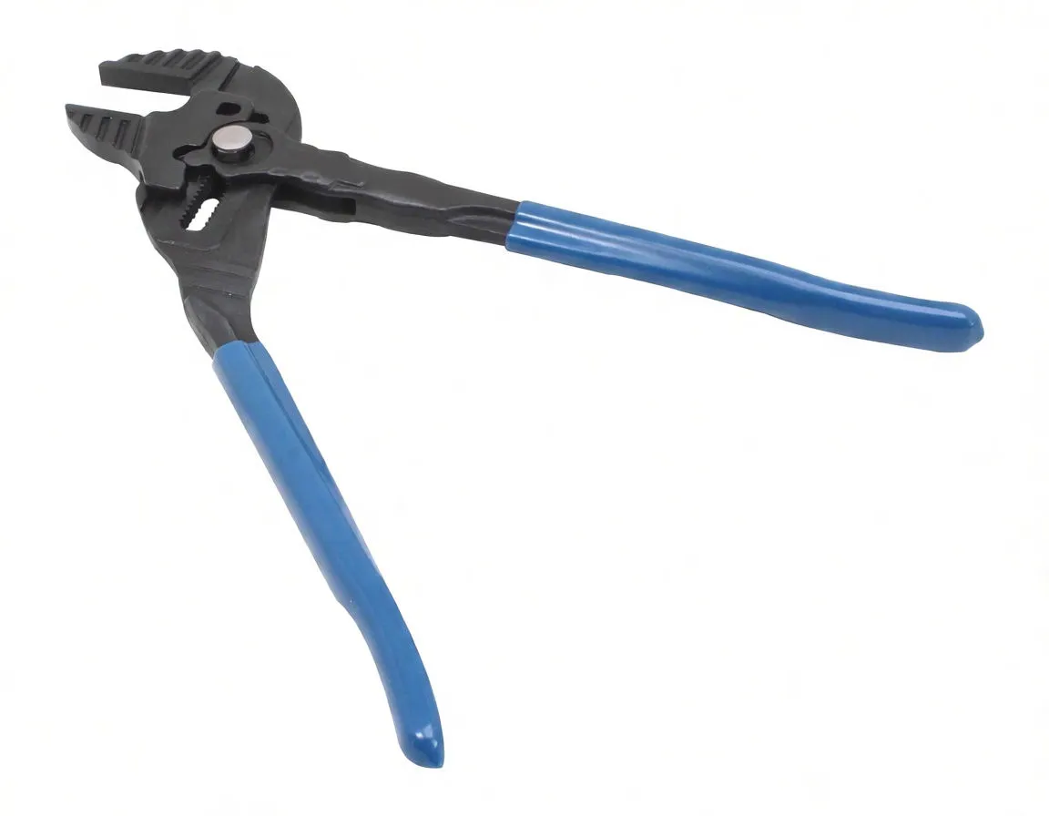 Full-length top view of adjustable pliers wrench with blue handles, serrated jaws and ASTA A-CP25KU marking