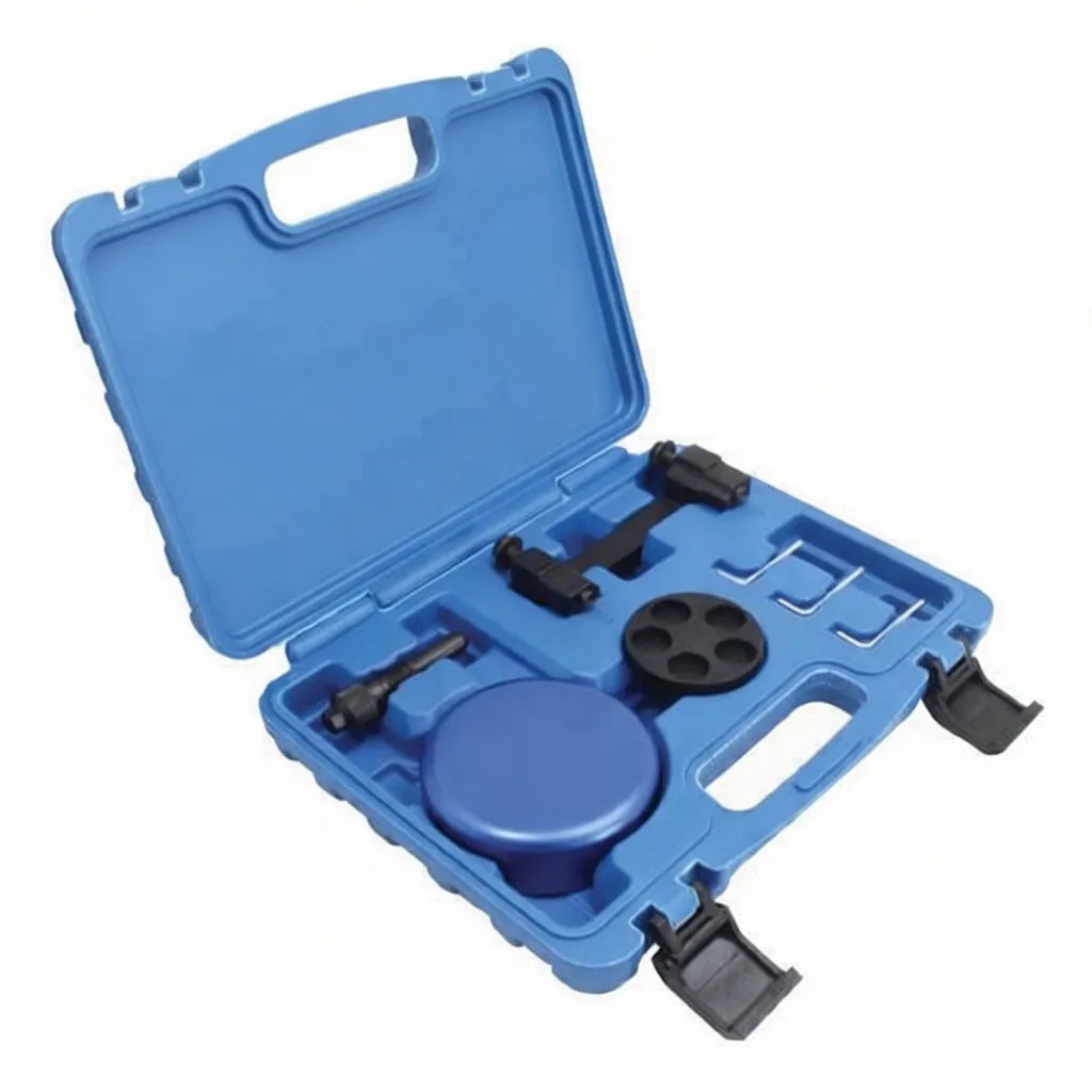 Angled perspective of blue timing tool case showing adapter marked T40079, black locking bracket, round plate, threaded bolt and three locking pins
