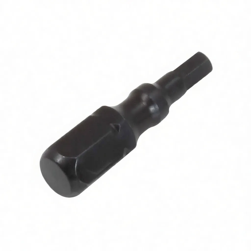 Angled shot of a black impact torsion bit with a blue band and white text, showing the rear hex drive and short driver tip.