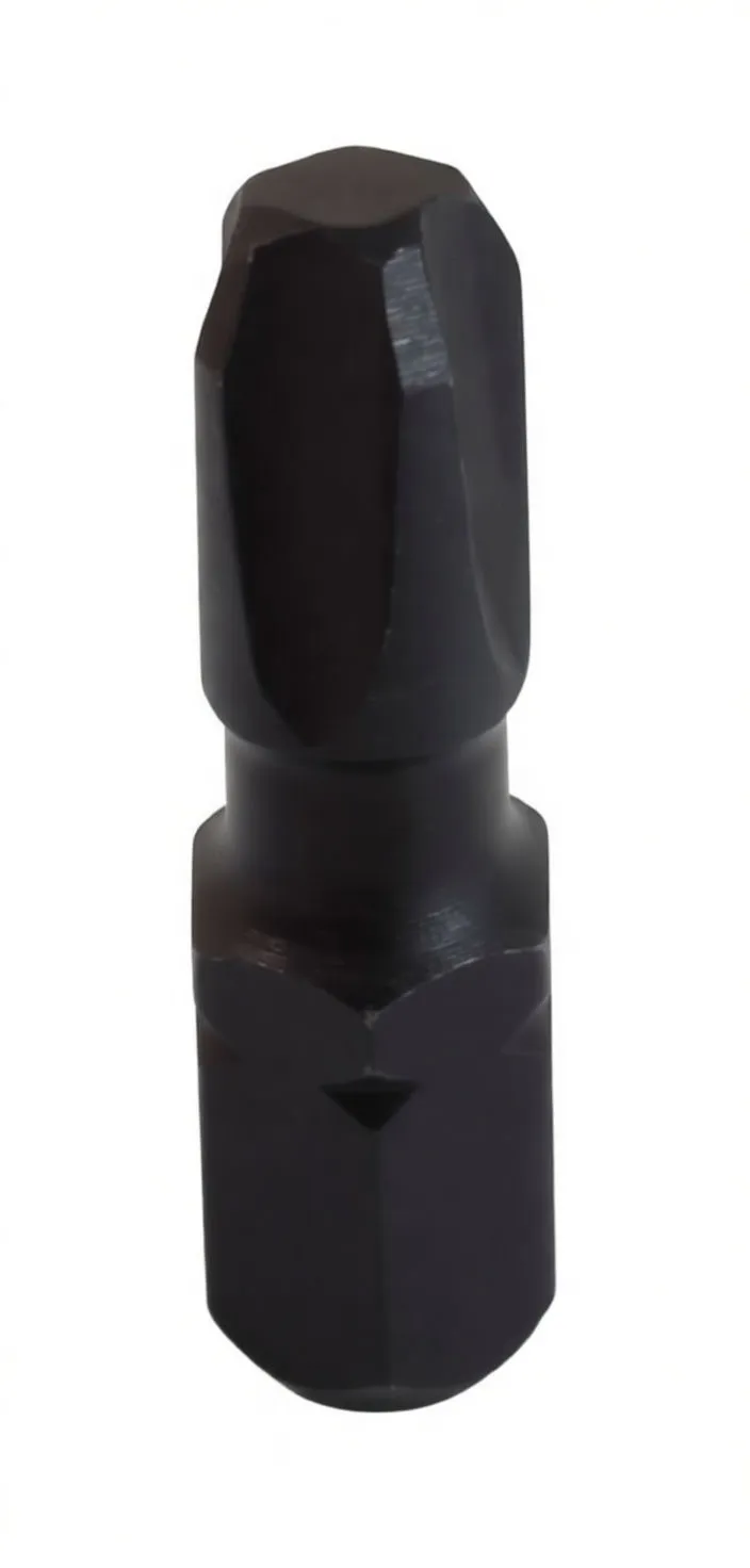 Front view of a black impact torsion bit standing vertically, showing Phillips-style tip, blue ASTA band at the torsion zone and hexagonal shank.