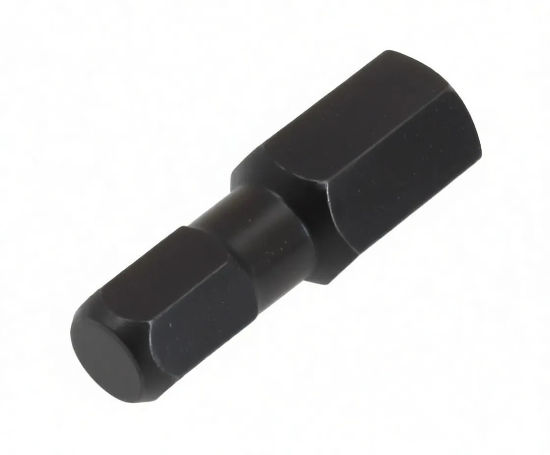 Vertical view of a short black hex impact torsion bit with a blue ASTA band, showing both hex ends.