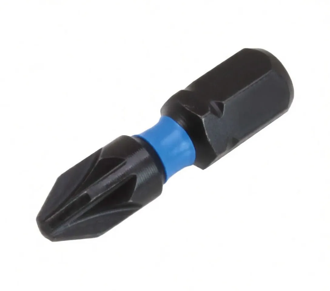 Close-up front view of a black multi-fluted Phillips-style impact torsion bit with blue ASTA sleeve and hex shank