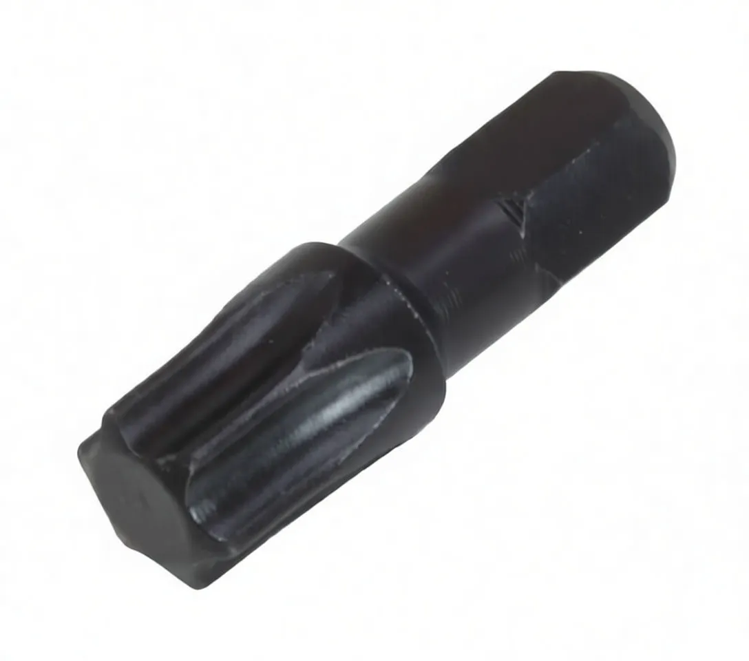 Front/top view of a black TX45 Torx impact torsion bit with blue ASTA band and hex shank