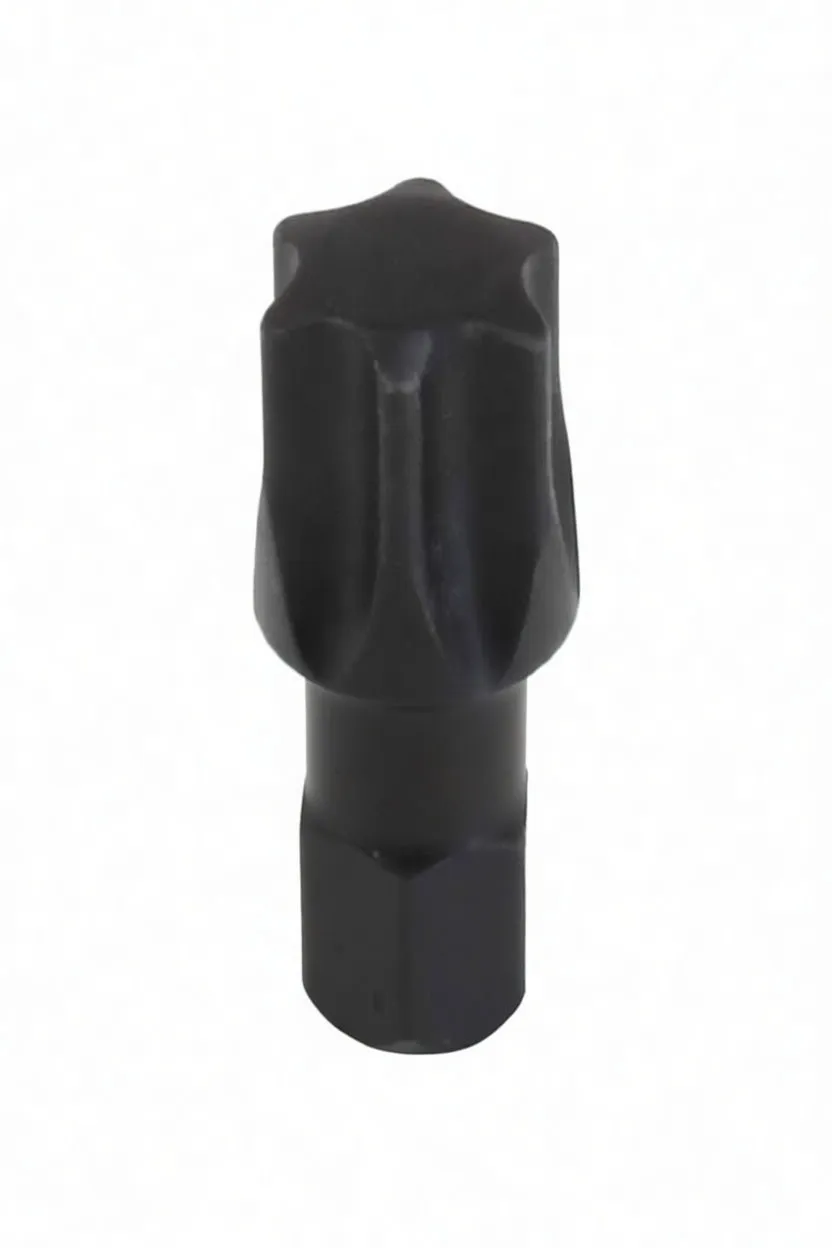 Top-down image of a compact black Torx impact torsion bit showing the star tip, blue ASTA ring and TX50 marking on the hex shank