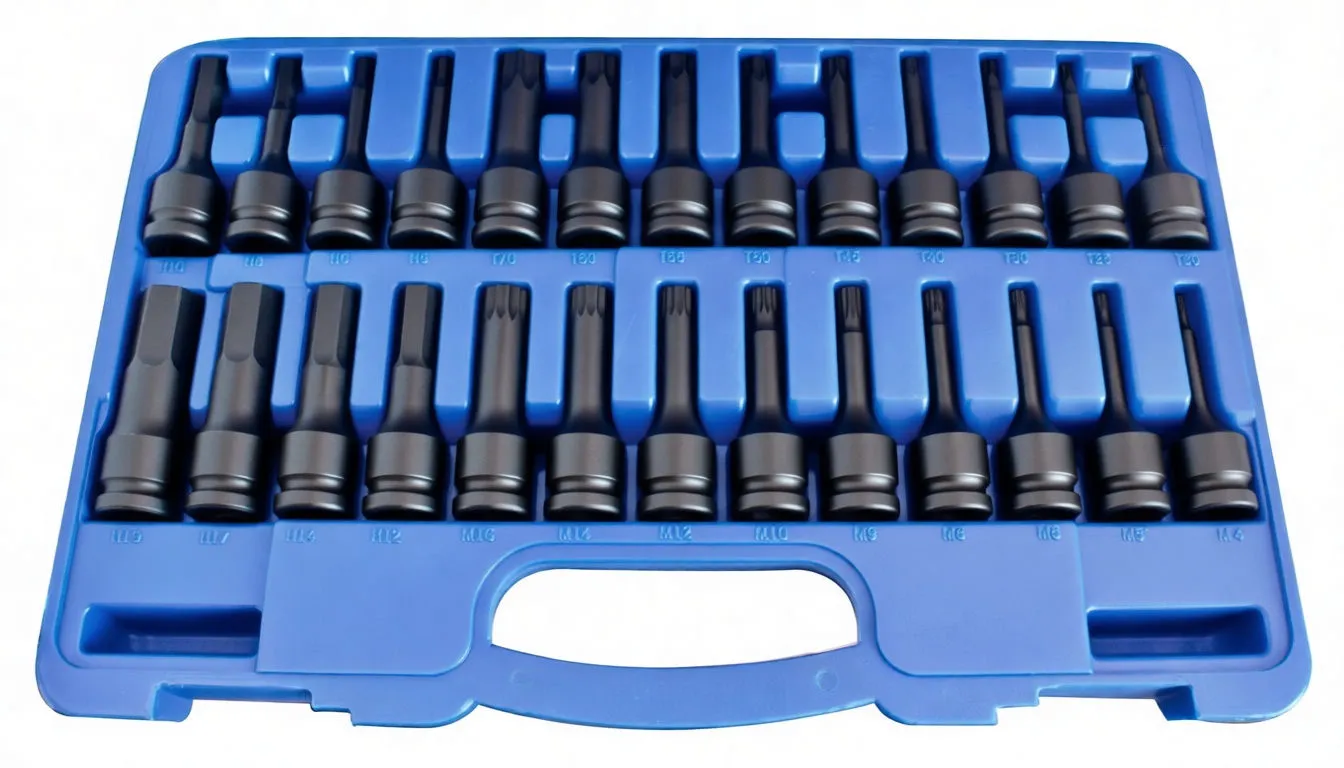 Angled view of blue case showing long and short black impact sockets in molded slots