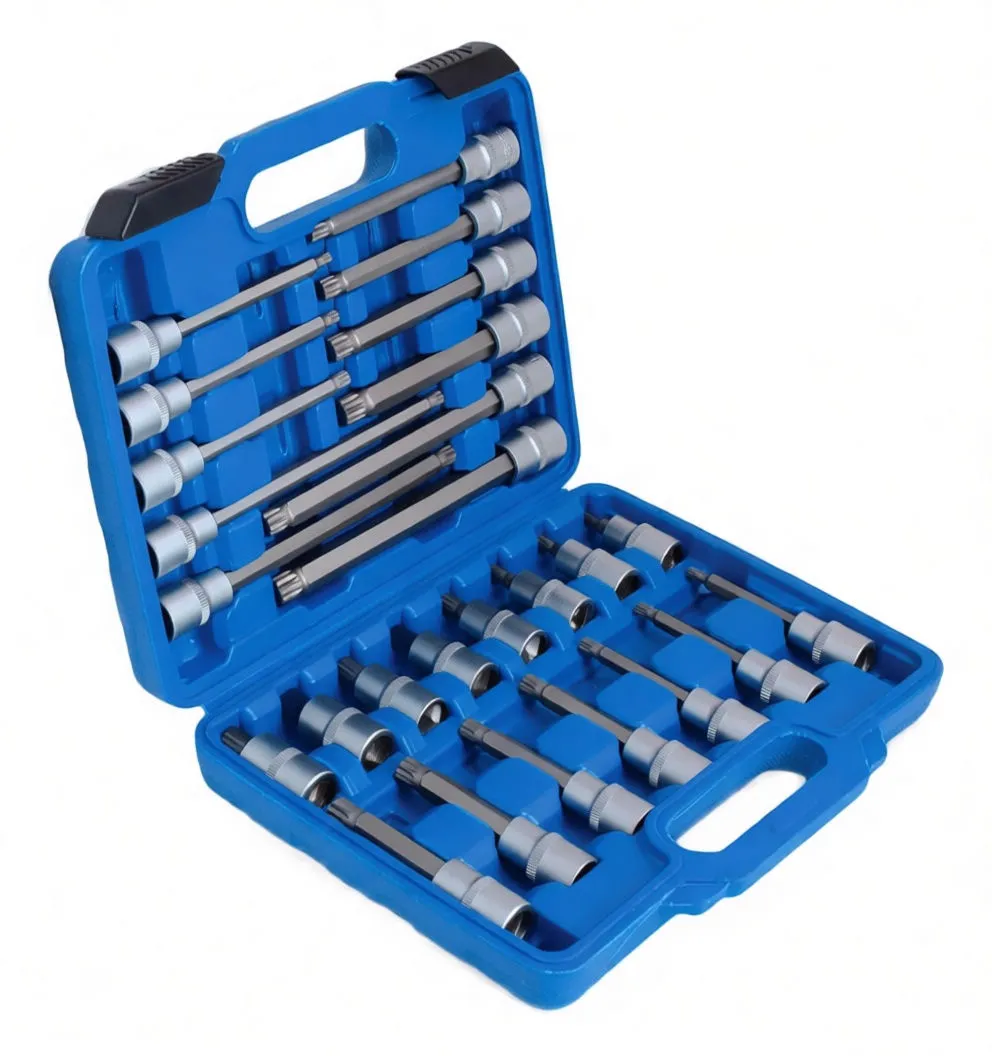 Angled view of an open blue tool case showing long and short spline bit sockets with silver collars and dark bit shafts.