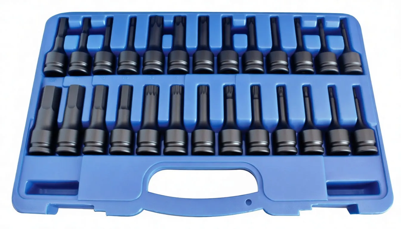 Top-down close view of two rows of black impact sockets with white size markings and visible internal profiles