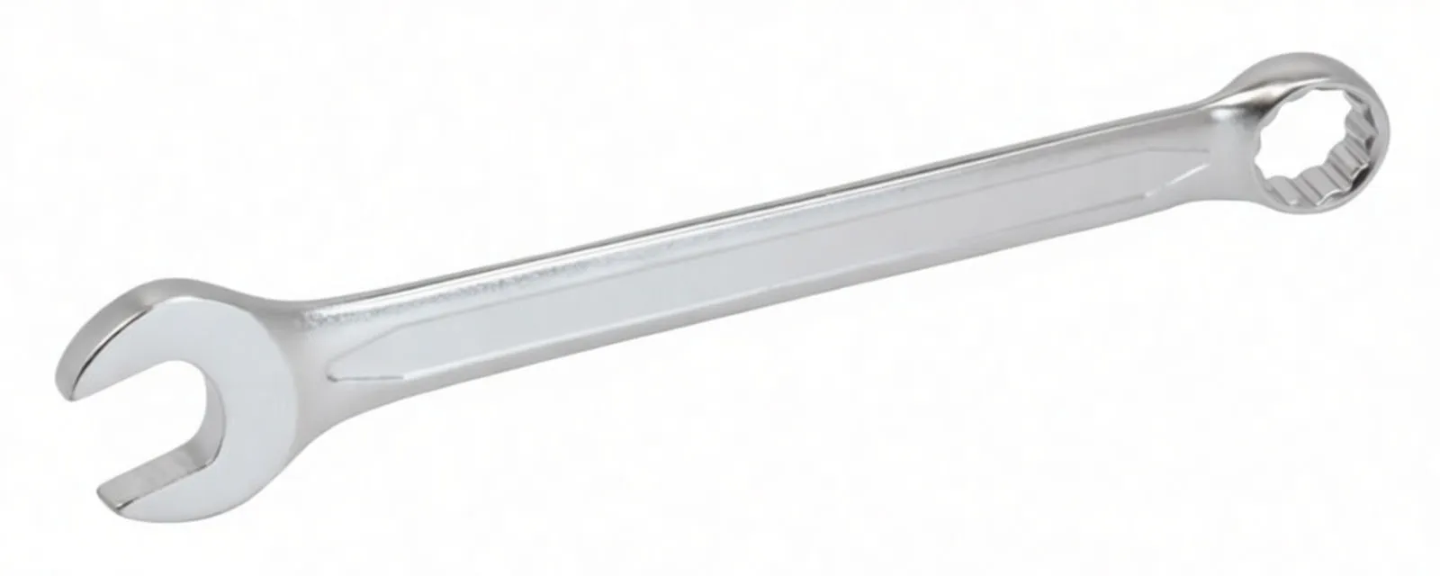 Six chrome combination spanners with open and ring ends arranged on a white background, showing polished finish and stamped size markings.