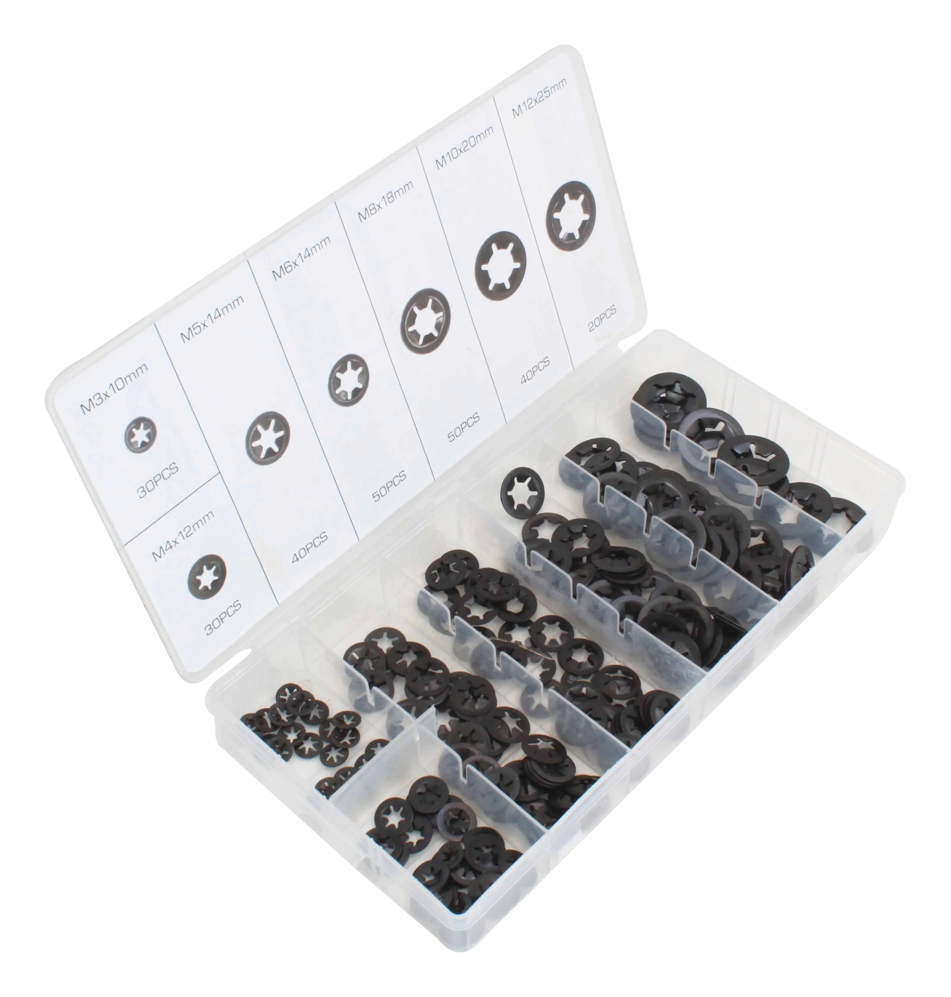 Angled perspective of a clear compartment box containing sorted black axial (internal star) lock washers with size labels printed on the inside lid.