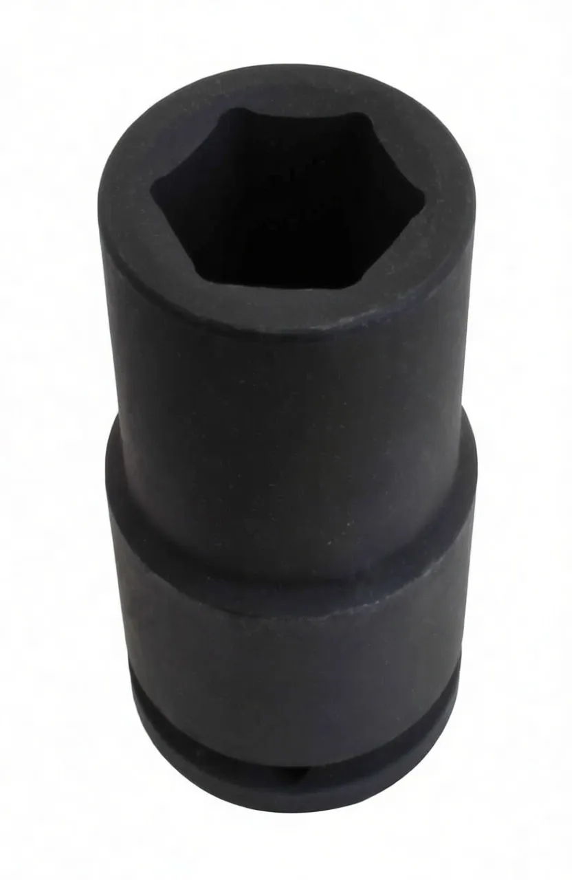 Oblique view of black deep impact socket with ASTA logo and hex end