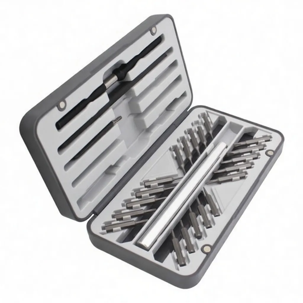 Angled open case of precision screwdriver set with handle, many bits arranged in triangular pattern and tools in lid.