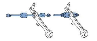 Line drawing diagram showing a spindle and press sleeve assembled to press a bushing through a control arm