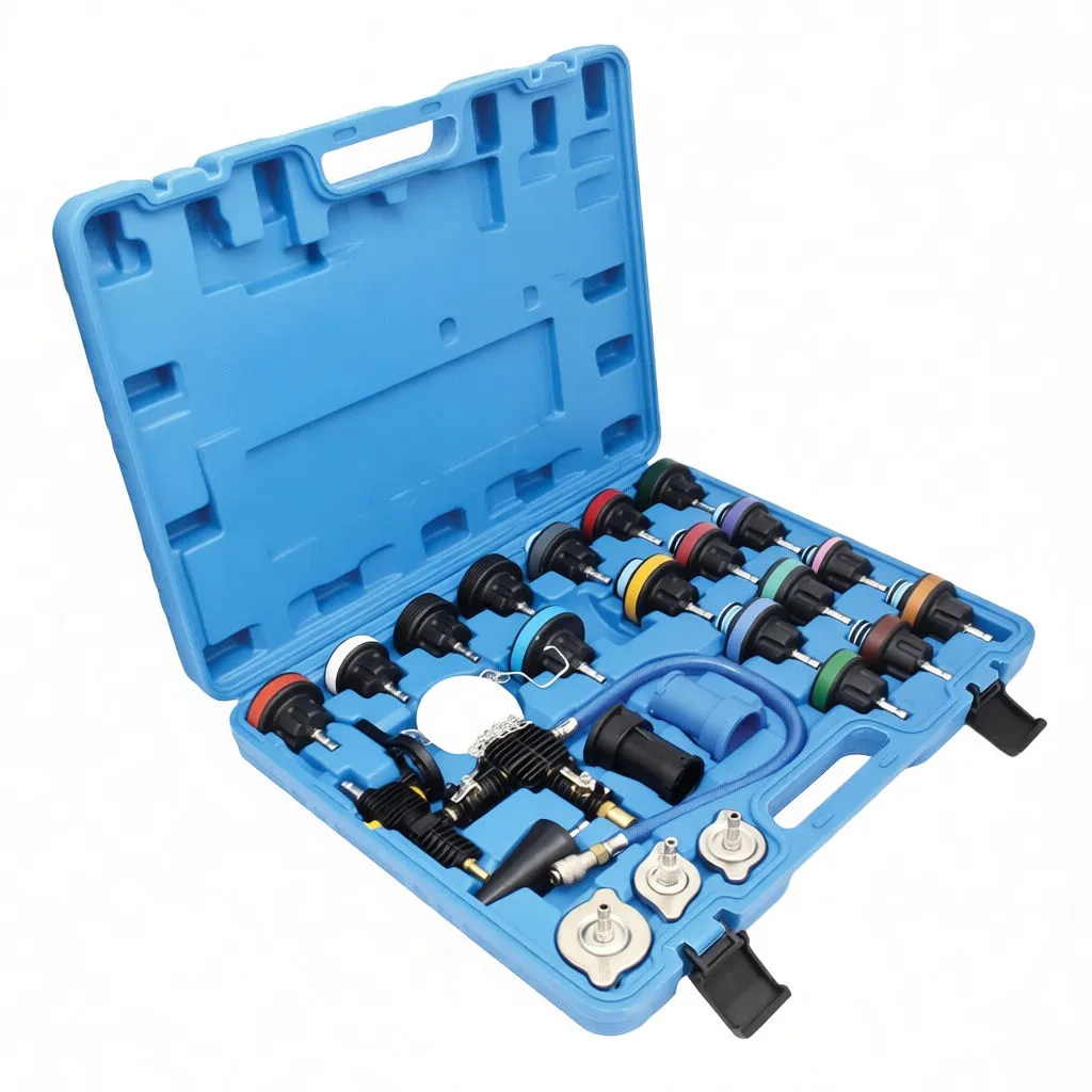 Angled view of open blue case showing pump, hoses, gauge and rows of adapter caps