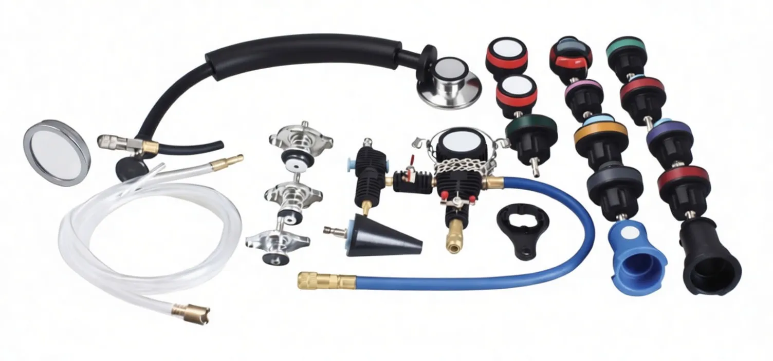 All components of radiator pressure tester and vacuum kit laid out: adapters, hoses, manifold gauge, pump and probe
