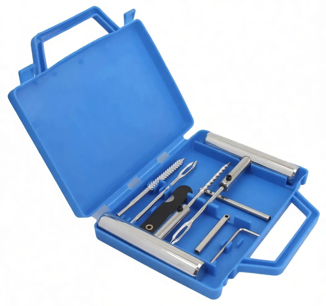 Angled shot of tire plug strips in lid and chrome tools in blue case