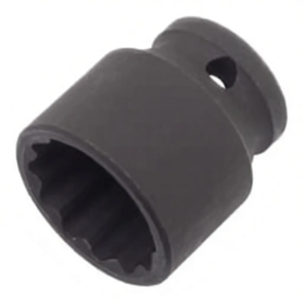 Close-up of a 12-point impact socket showing the internal profile, square drive opening and 'CR-MO 27mm' stamped on the side.