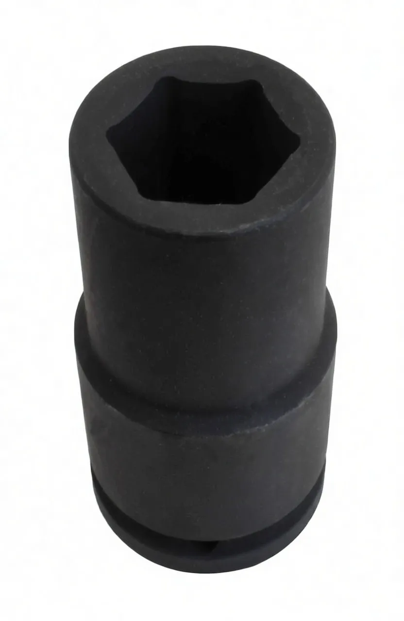 Top view into the 6-point hex opening of a black deep impact socket showing internal hex shape, side 'ASTA' marking and drive-end groove