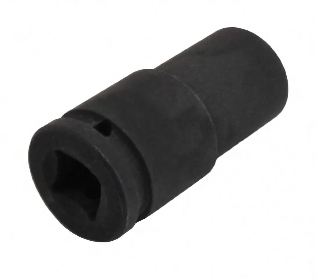 Long angled shot of black deep impact socket showing hex end, long body, drive end groove and 'ASTA' logo on the side