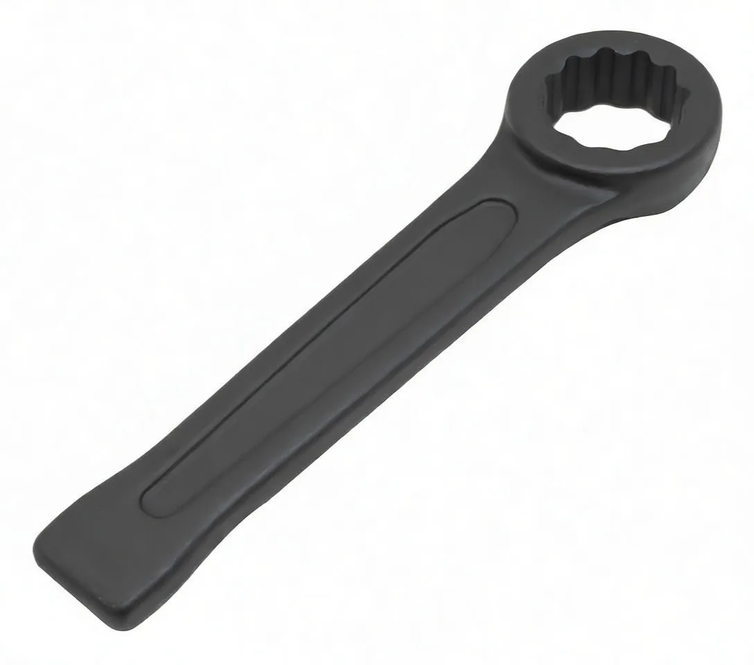 Angled shot of 27mm impact box-end wrench with 12-point ring and flat striking handle
