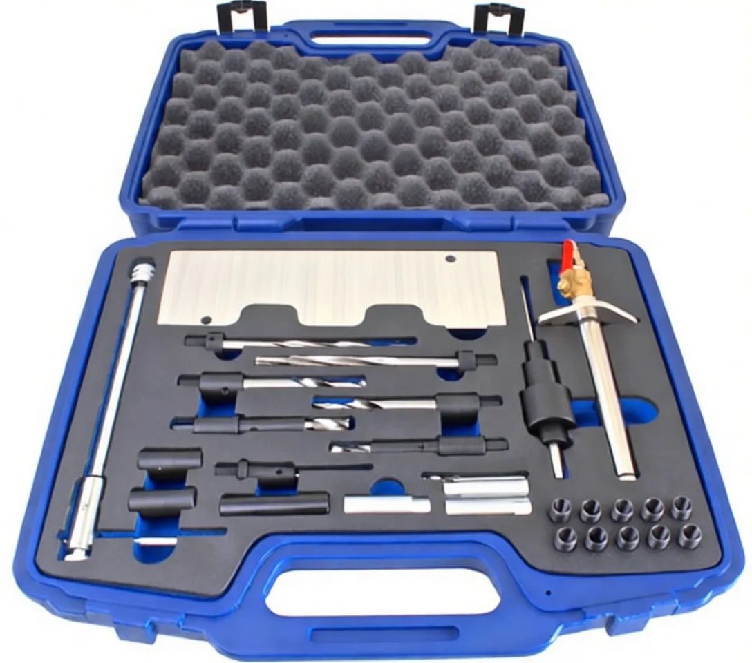 Overhead view of blue tool case with foam tray showing guide plate, drill bits, sleeves, small sockets and a long extraction tool with brass valve.