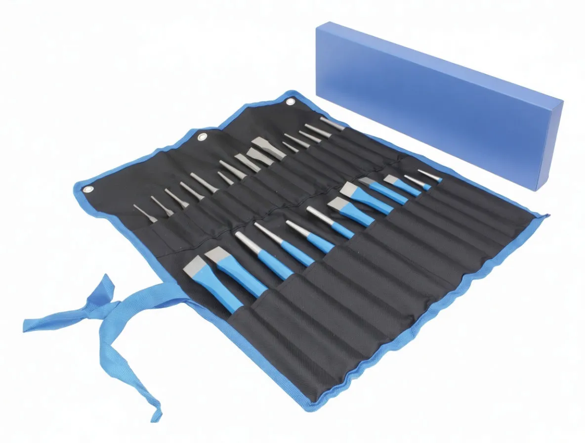 Open punch and chisel kit with retail box in background showing 28pc branding and tool variety