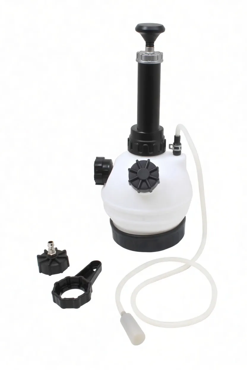 Angled view of bleeder showing pump, gauge, clear hose with quick-connect and loose caps and adapter