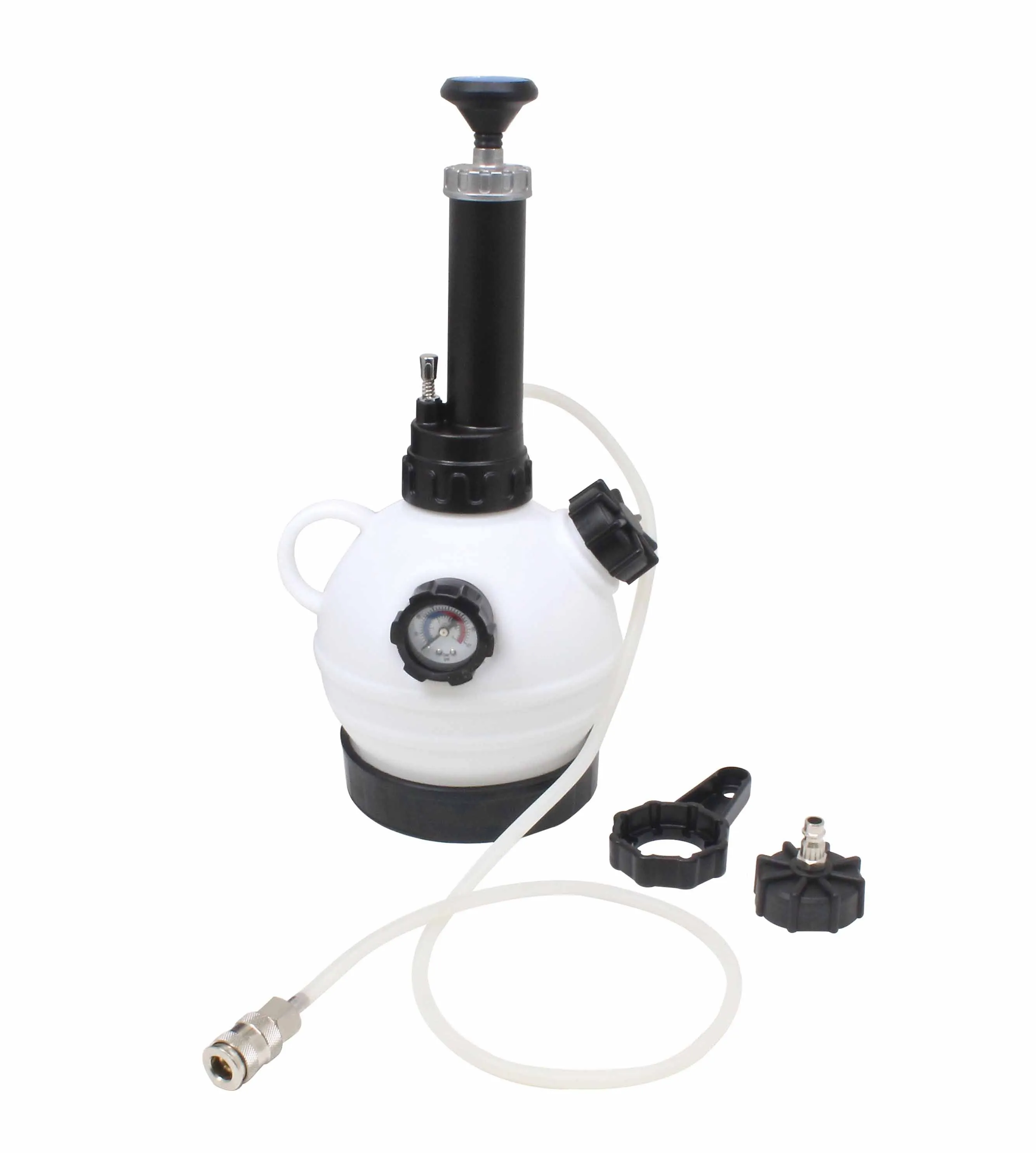 Straight-on manual pressure bleeder showing pump, relief valve, front gauge, hose and spare caps