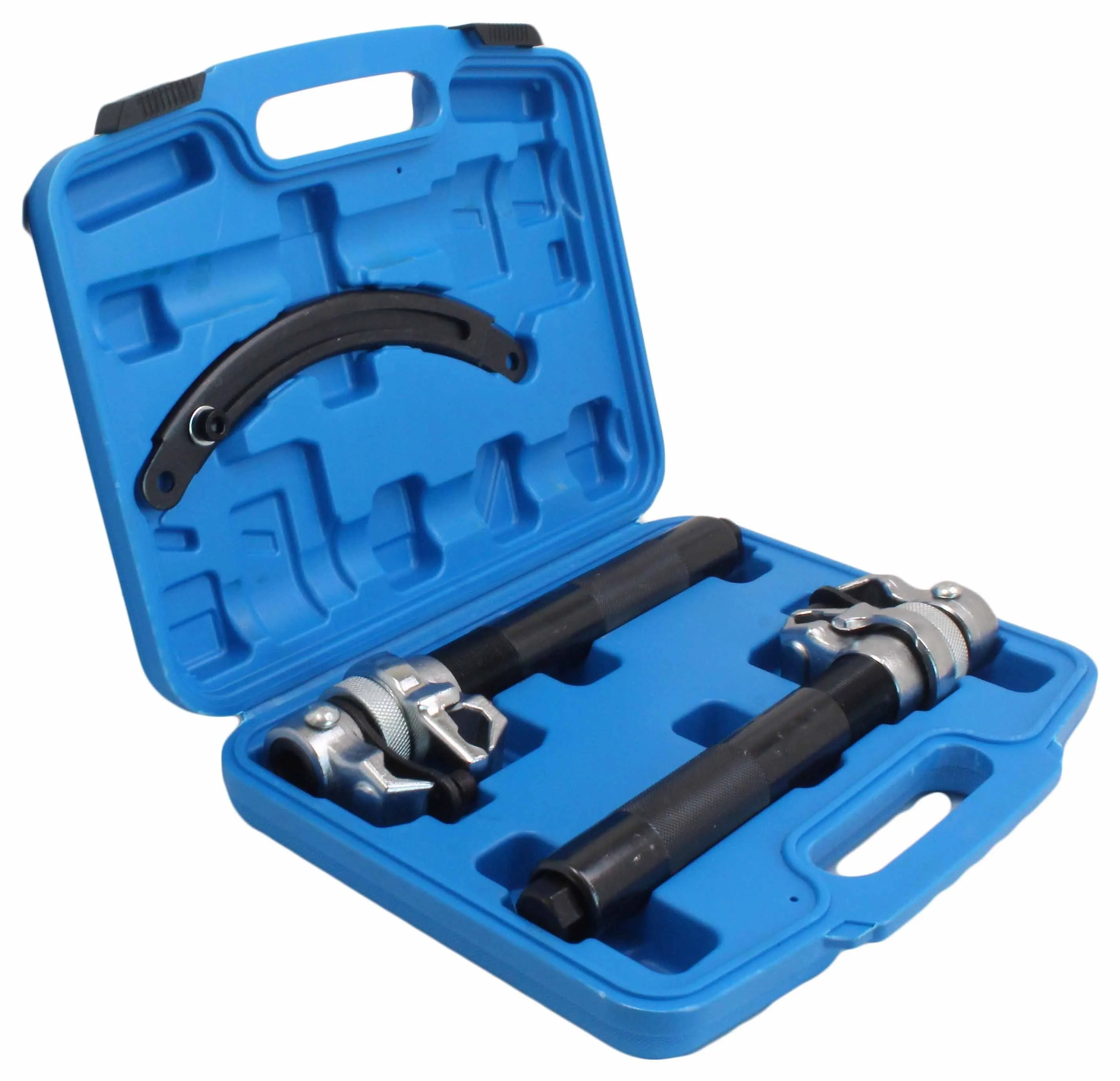 Angled view of an open blue tool case displaying two black threaded spring compressor rods with silver jaws and a curved black bar in the lid.
