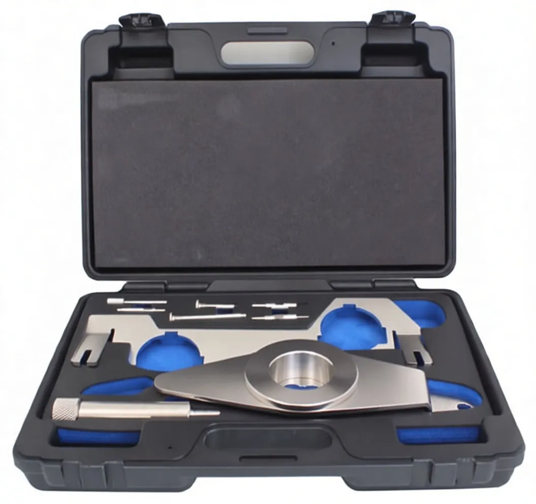 Top-down image of timing kit: central locking plate, locator holes, knurled pins and small alignment tools in blue foam inside a black case.