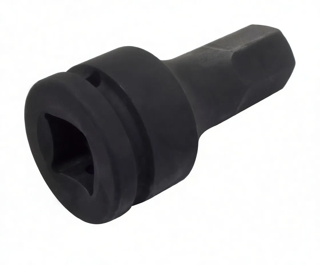 Diagonal view of 22mm hex tip and collar of impact socket with ASTA marking and retention holes