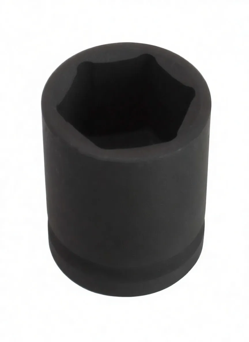 Black short impact socket with hex opening, ASTA marking, and square drive/retention hole visible.