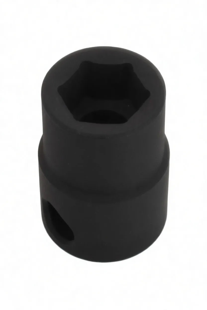 Top view of black 6-point impact socket showing hex opening, ASTA logo and side detent hole