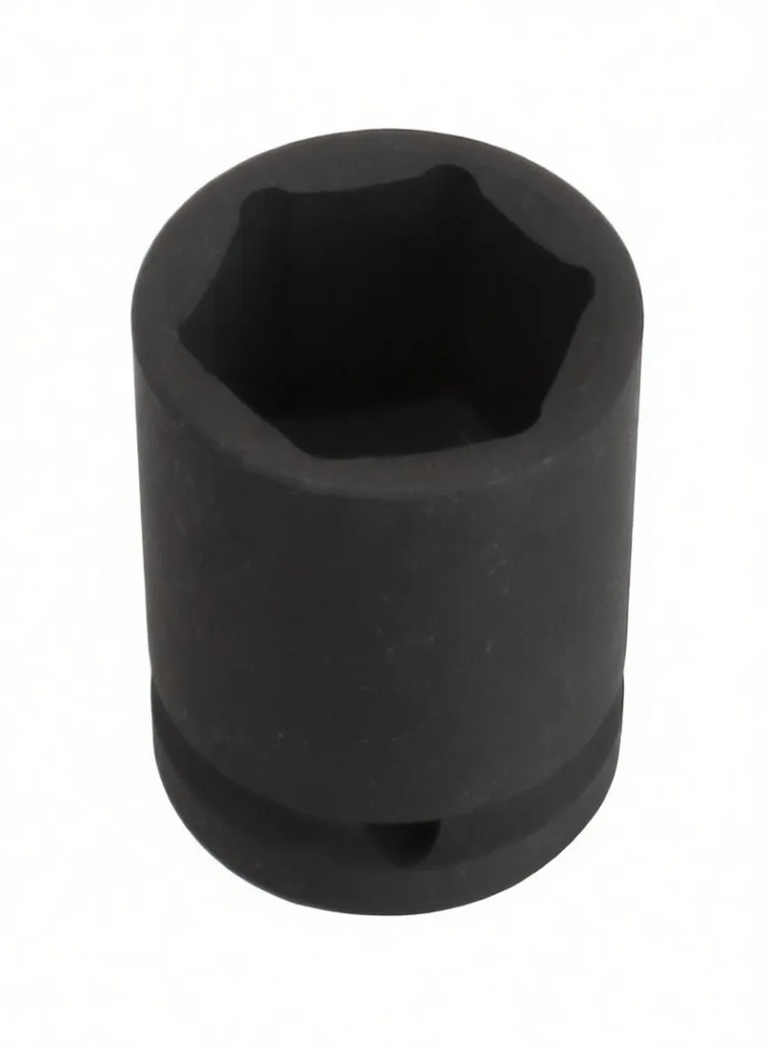 Top view of black 6-point impact socket showing hex opening, ASTA branding and detent hole