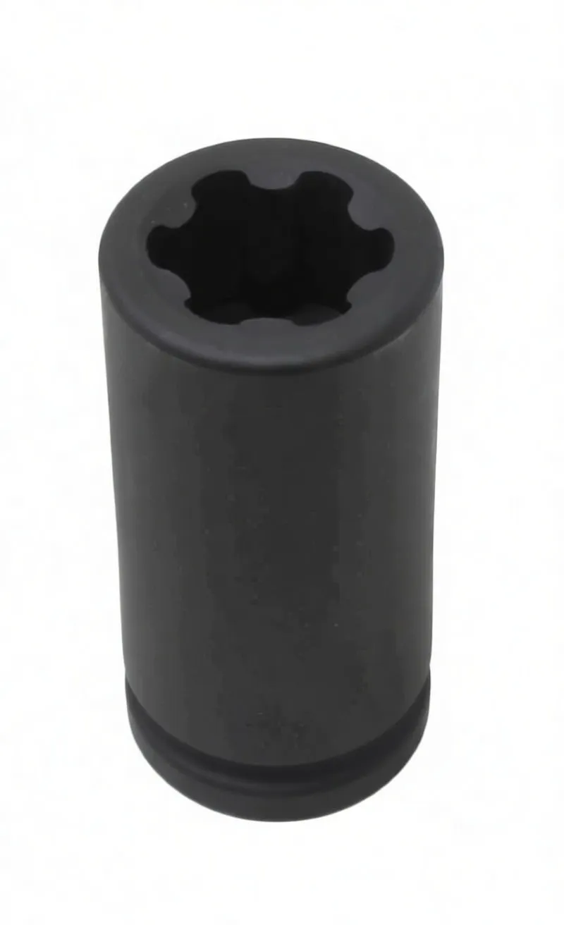 Top view into the multi-lobed interior of a black deep axle bolt socket with ASTA part markings