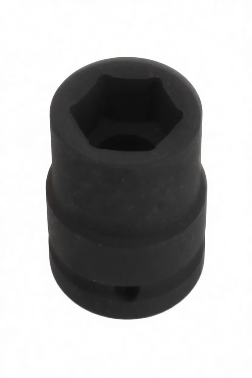 Top view into the 6-point hex of a short black impact socket with ASTA logo on the side