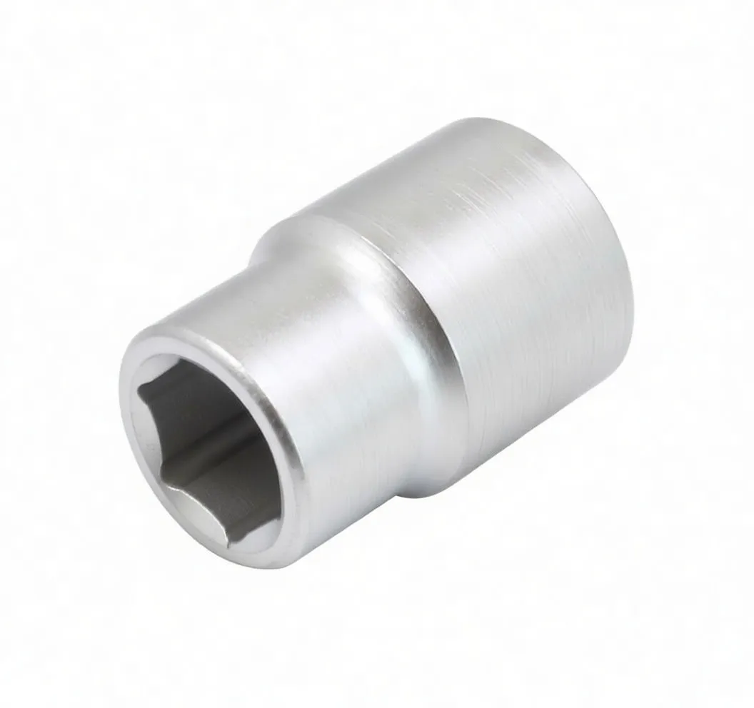 Angled side view of chrome 6-point socket showing ASTA marking and hex recess